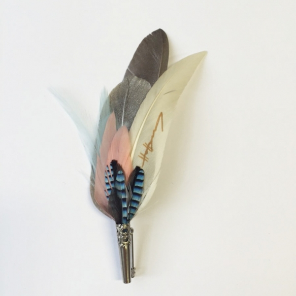 Peach Light Blue Feather Buttonhole