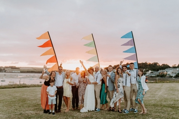 Wedding on a field with flags