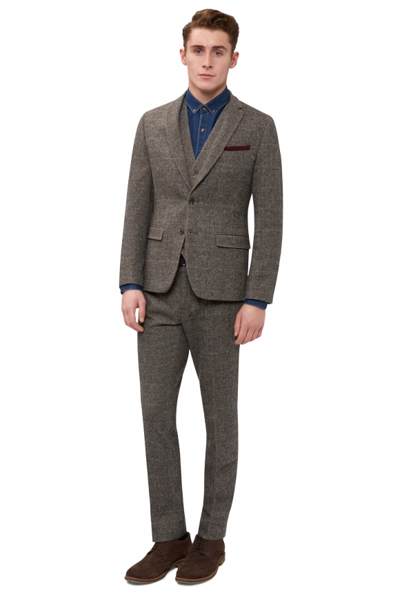 MOSSLONDONSLIMFITLIGHTBROWNCHECKMMSUIT
