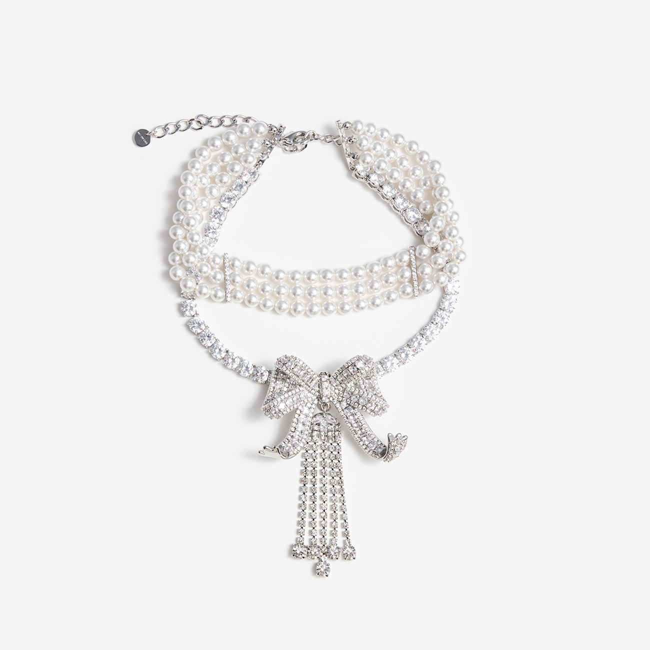 SELF PORTRAIT SS25 659N P CRYSTAL BOW DROPLET PEARL NECKLACE £250