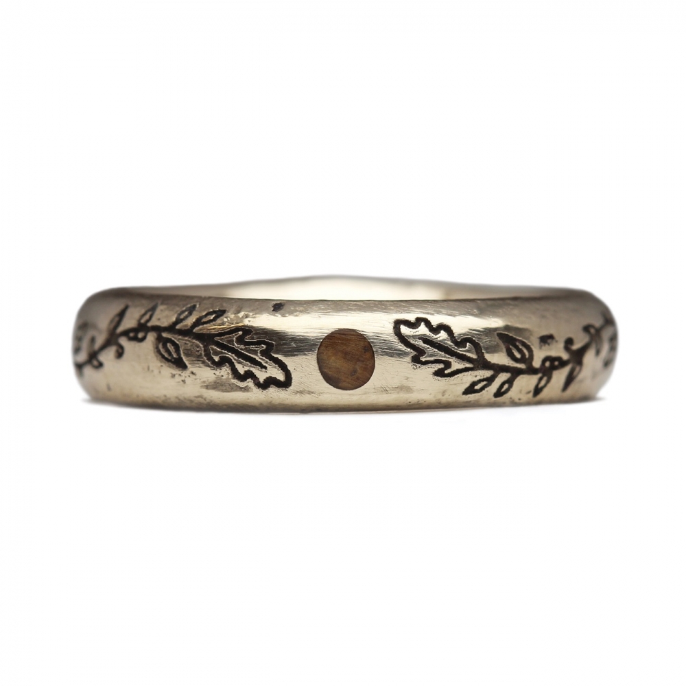 Sandcast Ring In Own 14ct White Gold With Oak Dot Inlay  Vine Engraving WHITE CMYK