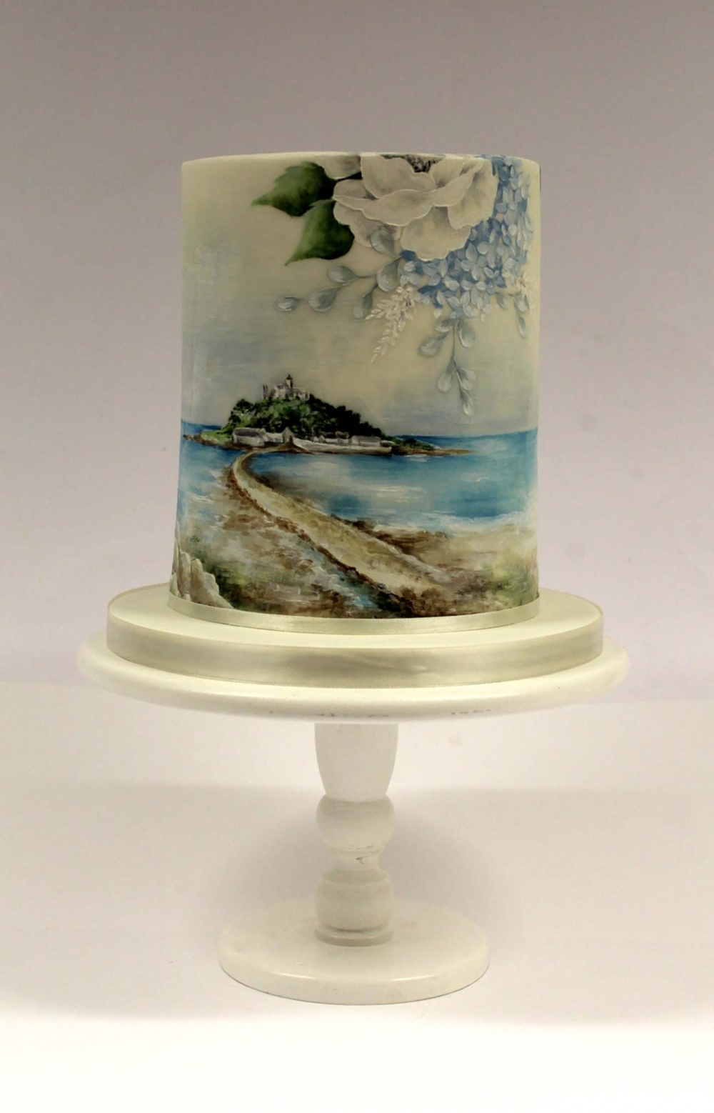 C Full Cake   Single Tier Cake With A Hand Painted (cocoa Butter Paint) Landscape Of St Micheals Mount In Cornwall And My Signature Flowers