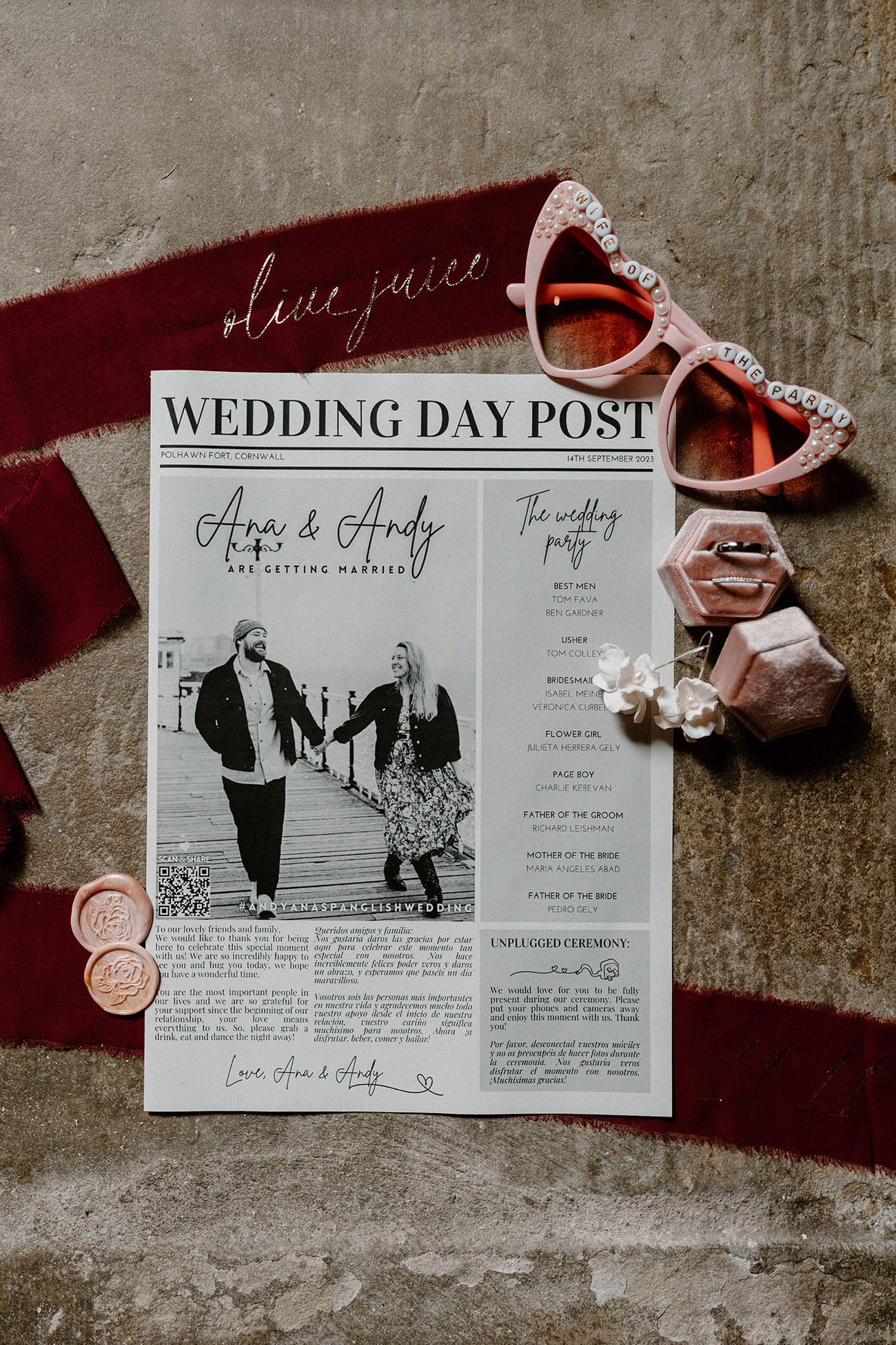 A retro newspaper style order of service with the wedding rings and retro heart sunglasses