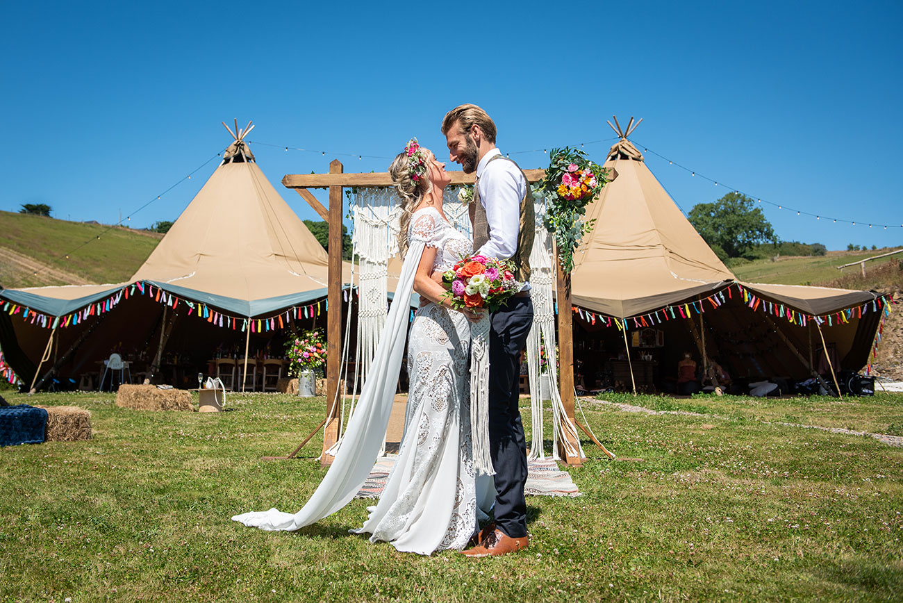 Real Wedding The Venue Coxleigh Devon Festival Garden Bride Groom6